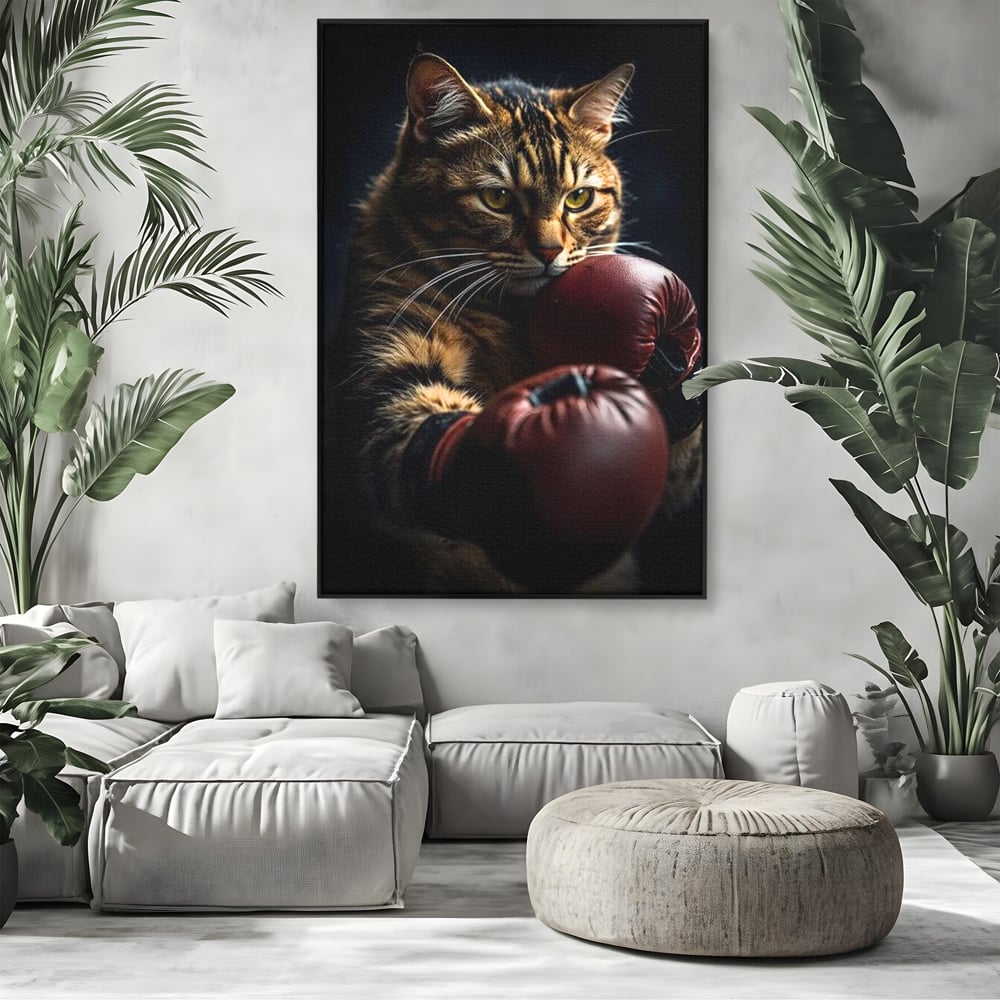 Tablou canvas cu tablou canvas cu motan boxer, in rama de aluminiu negru, pe perete intr-un living